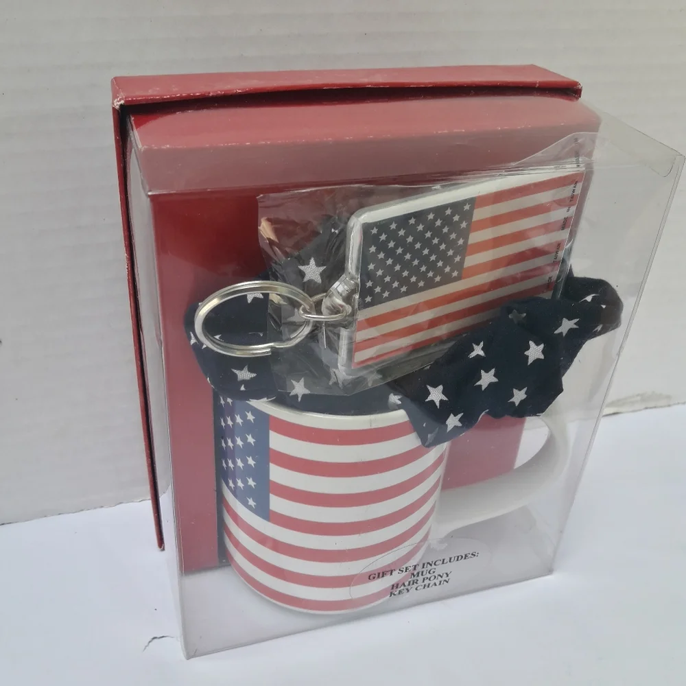 NWT American Flag Gift for him Key Chain Mug Set and Pony Tail Tie Patriot - Picture 4 of 9